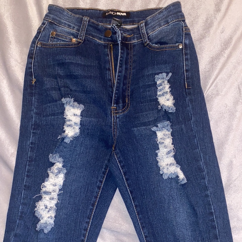 Fashion Nova Ripped Dark Blue Jeans - Picture 3 of 5